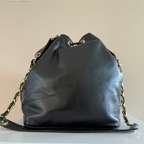 CHANEL | CC Logo Embossed Black Lambskin Drawstring Bucket Bag - Picture 3 of 8